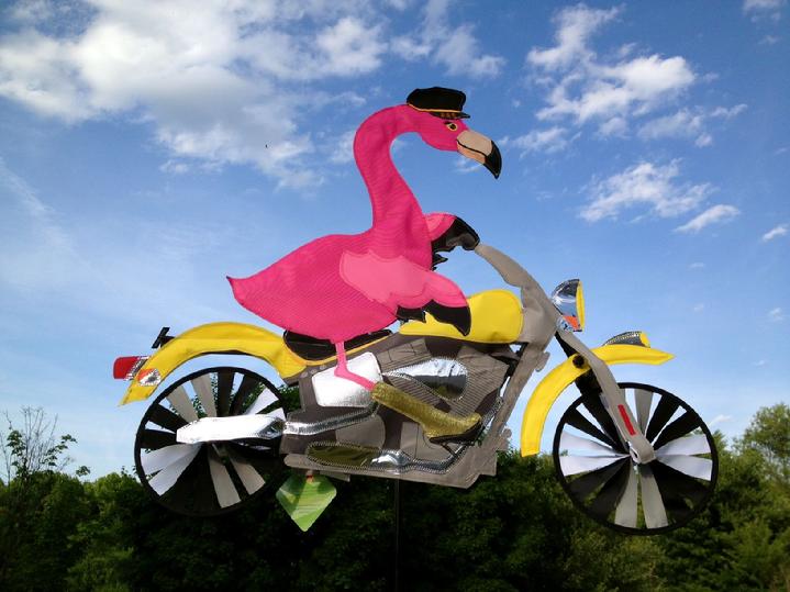 flamingo biker spinner at bald eagle flag store fredericksburg va, flamingo riding a motorcycle on route 3 at bald eagle flag store
