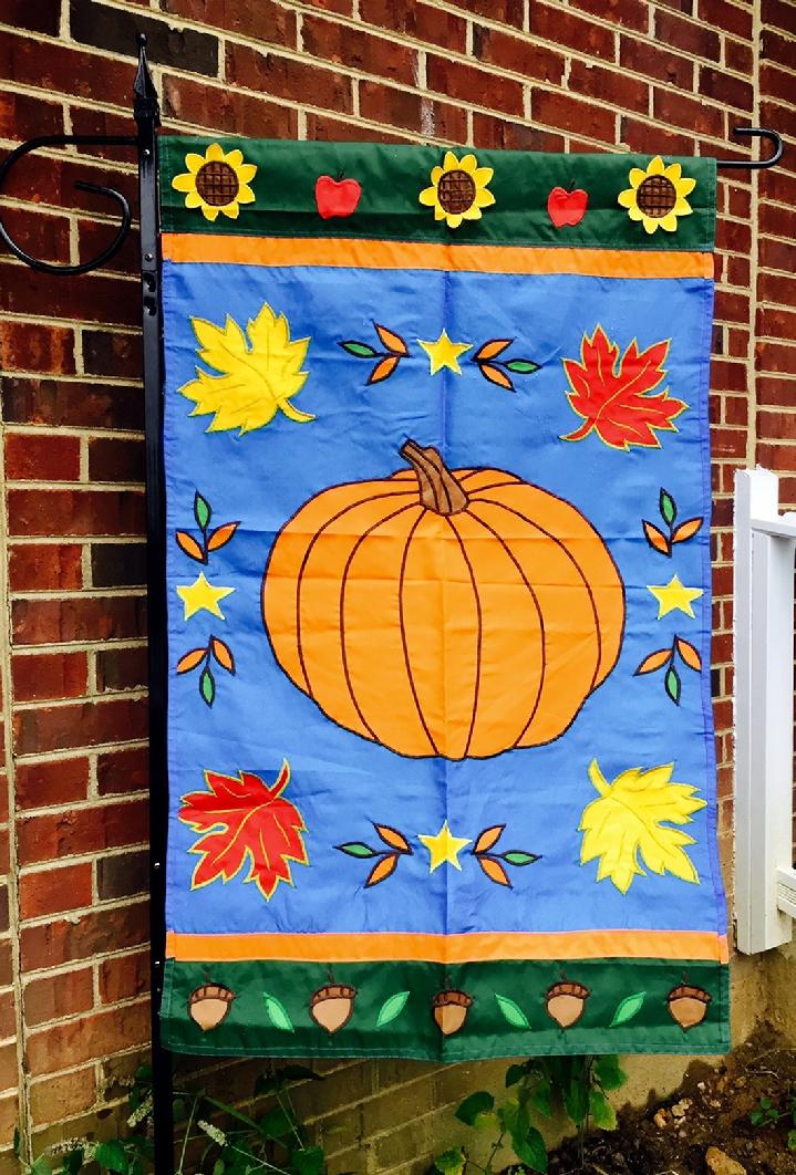 BEAUTIFUL FULLY SEWN APPLIQUÉ LARGE PUMPKIN FLAG FALL LEAVES FLAG FROM BALD EAGLE INDUSTRIES AND BALD EAGLE FLAG STORE FREDERICKSBURG VIRGINIA CALL 540-374-3480 OR VISIT OUR WEB-SITE AT BALDEAGLEINDUSTRIES.COM