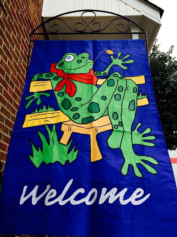 Beautiful Large Applique Frog Welcome Flag and Large Flag Stand by Bald Eagle Flag Store Fredericksburg Virginia (540) 374-3480 from our collection of beautiful fully sewn appliqué flags
