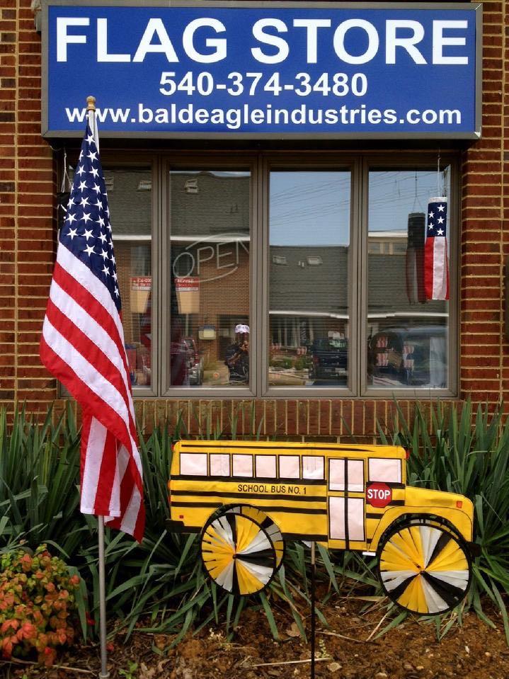 LARGE SCHOOL BUS GARDEN SPINNER BY BALD EAGLE FLAG STORE FREDERICKSBURG VA 540-374-3480 BALDEAGLEINDUSTRIES.COM
